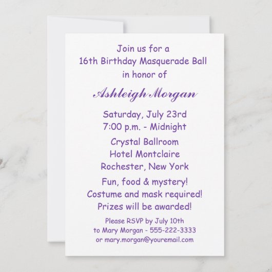 パープルフェザーマスクスウィート16マスカレードパーティー 招待状 (裏面)