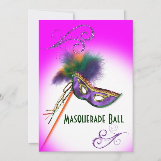 パープルフェザーマスクパープルマスカレードパーティー 招待状 (正面)