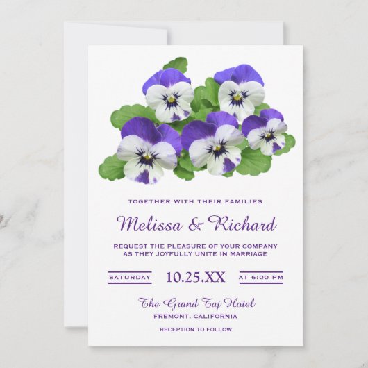 パープルフエレガントラワーズパンジー結婚式招待状 招待状 (正面)