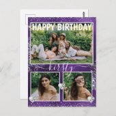 パープルフォイル&シルバーグリッター3フォト誕生日 ポストカード (正面/裏面)