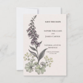パープルフォックスグローブの植物を用いた結婚式のSave The Date セーブザデート