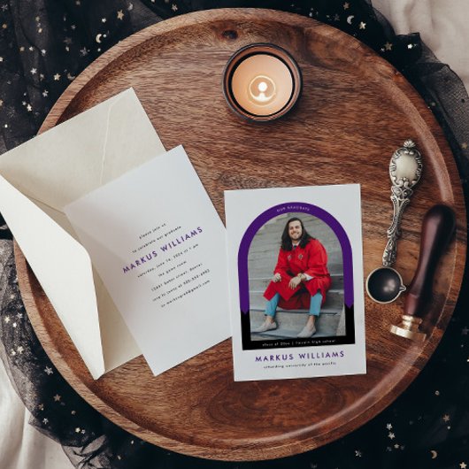 パープルフォトアモダンルチシンプルー卒業パーティー 招待状