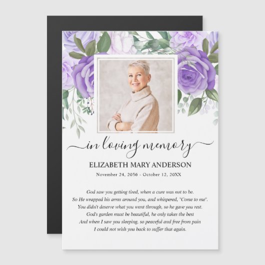 パープルフォト悔やみや弔慰葬儀祈りの言葉カード (正面/裏面)