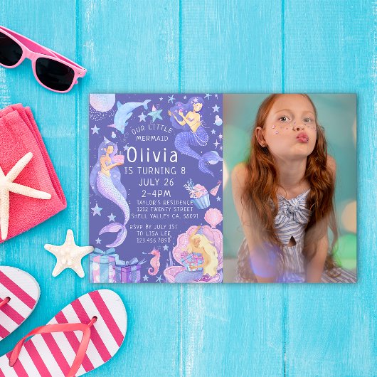 パープルフォト 私たちのリトルマーメイド すべての年齢の誕生日 招待状