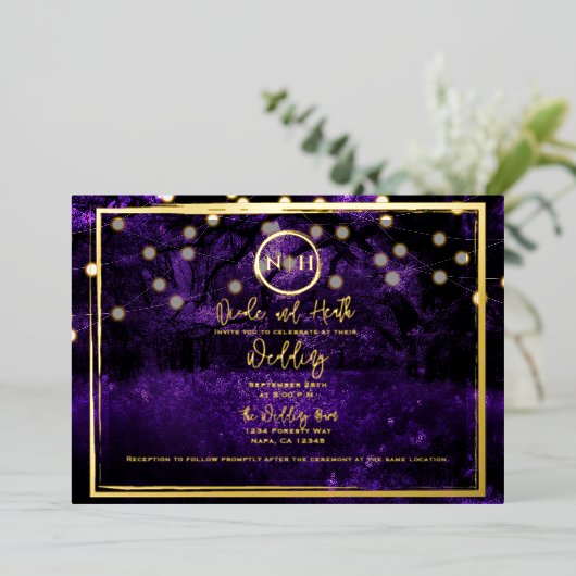 パープルフォレストライトエレガントなウェディングフォト金ゴールド 箔招待状 (立ち正面)