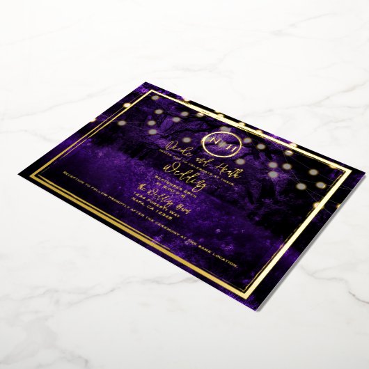 パープルフォレストライトエレガントなウェディングフォト金ゴールド 箔招待状 (回転した状態)