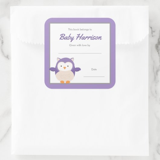 パープルフクロウの女の子蔵書票シール スクエアシール (バッグ)