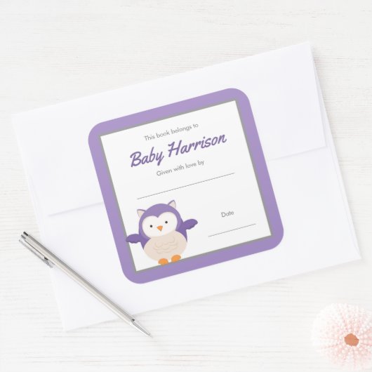 パープルフクロウの女の子蔵書票シール スクエアシール (封筒)
