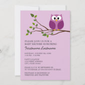 パープルフクロウオンブランチベビーガールシャワー 招待状 (正面)