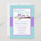 パープルフクロウティール（緑がかった色）シェブロンガールベビーシャワー 招待状 (正面)