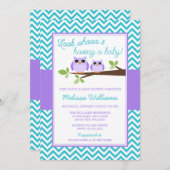 パープルフクロウティール(緑がかった色)シェブロンガールベビーシャワー 招待状 (正面/裏面)