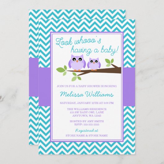 パープルフクロウティール（緑がかった色）シェブロンガールベビーシャワー 招待状 (正面/裏面)
