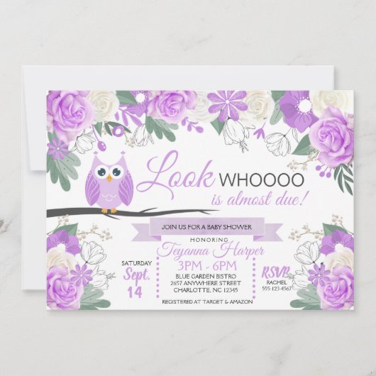 パープルフクロウフローラベビーシャワー招待状 招待状 (正面)