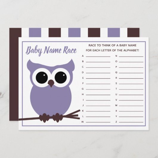 パープルフクロウベビー名レースベビーシャワーゲーム 招待状 (正面/裏面)