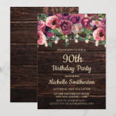 パープルフラワーつり下げライト 90歳の誕生日 招待状 (正面/裏面)