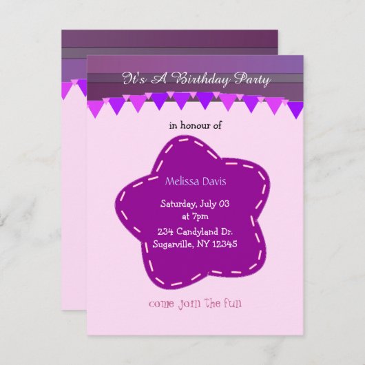 パープルフラワーとストライプ誕生日招待状 招待状 (正面/裏面)
