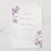 パープルフラワーの水彩スタイルのウェディング 招待状 (正面/裏面)