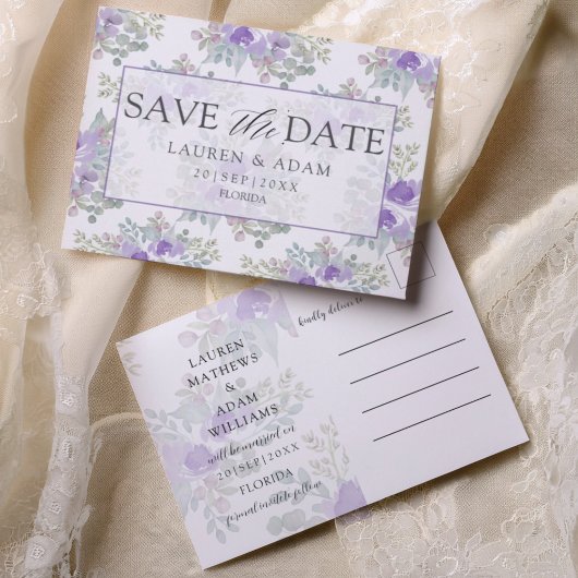 パープルフラワーの結婚式のSave the Date 案内ポストカード