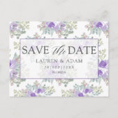 パープルフラワーの結婚式のSave the Date 案内ポストカード (正面)