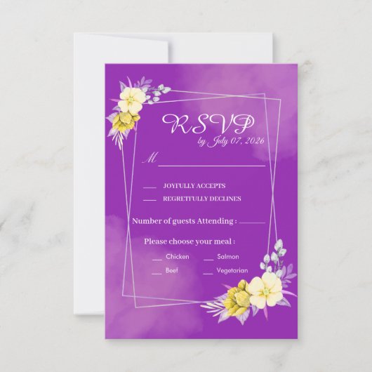 パープルフラワーの結婚式RSVPカード 出欠カード (正面)