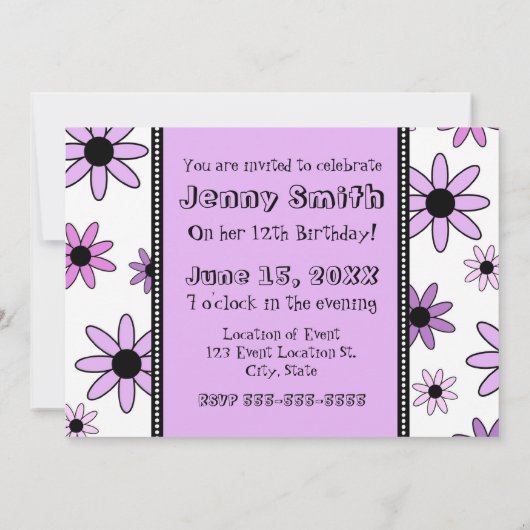 パープルフラワーの12歳の誕生日パーティーの招待カード 招待状 (裏面)