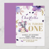 パープルフラワーエレファントボーホー誕生日 招待状 (正面/裏面)