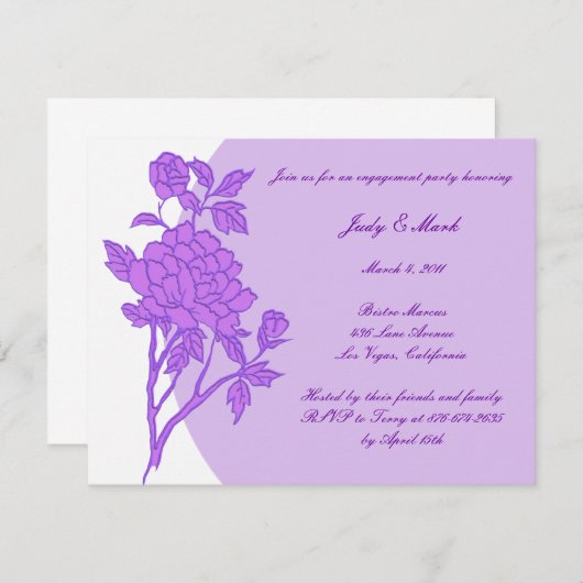 パープルフラワーカスタム婚約パーティ招待状 招待状 (正面/裏面)