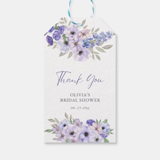 パープルフラワースクリプトブライダルシャワーありがとう ギフトタグ (裏面)