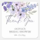 パープルフラワースクリプトブライダルシャワーありがとう スクエアシール (正面)