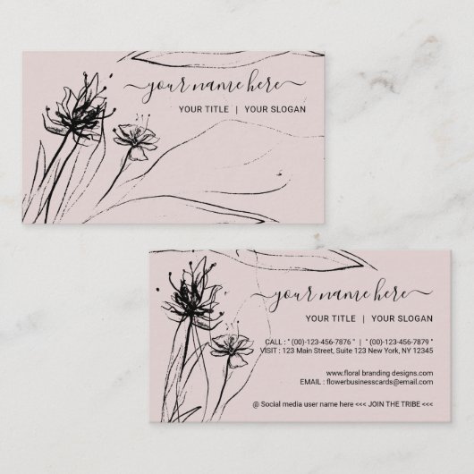 パープルフラワースケッチエレガントな手描き紙 名刺 (正面/裏面)