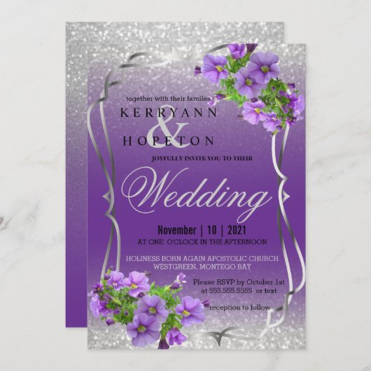 パープルフラワーズアンドシルバーグリッター 招待状 (正面/裏面)