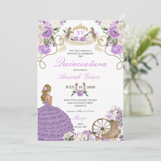 パープルフラワーズウェスタン女性のカーボーイキンセアニラ 招待状 (スタンド正面)