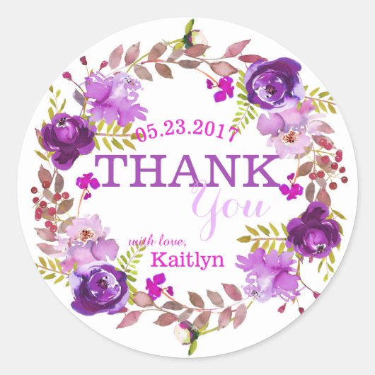 パープルフラワーズウォーター色フローラリースありがとう ラウンドシール (正面)