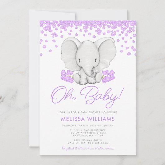 パープルフラワーズエレファントガールベビーシャワー招待状 招待状 (正面)