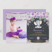 パープルフラワーズエレファント1歳の誕生日少女写真 招待状 (正面/裏面)