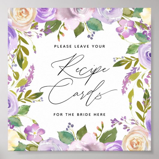 パープルフラワーズカリグラフィースクリプト レシピカードサイン ポスター (正面)