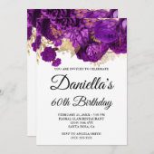 パープルフラワーズゴールドフォイルグラム60誕生日 招待状 (正面/裏面)