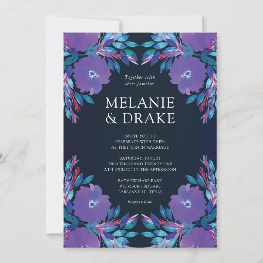 パープルフラワーズハンド絵を描結婚式招待状 招待状 (正面)