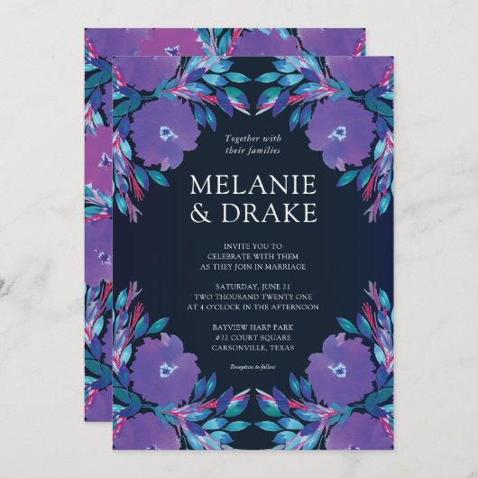 パープルフラワーズハンド絵を描結婚式招待状 招待状 (正面/裏面)