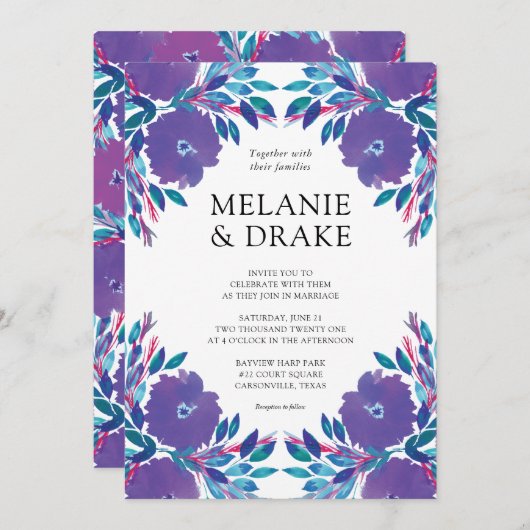 パープルフラワーズハンド絵を描結婚式招待状 招待状 (正面/裏面)