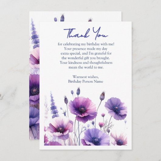 パープルフラワーズバースデーパーティーサンキューカード サンキューカード (正面/裏面)