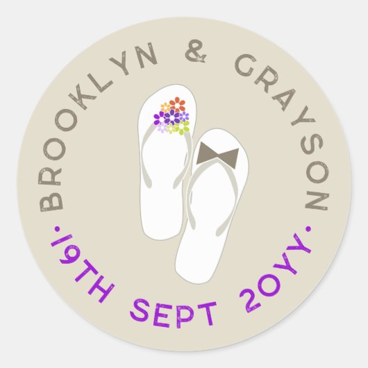 パープルフラワーズビーチサンダルビーチ結婚式 ラウンドシール (正面)