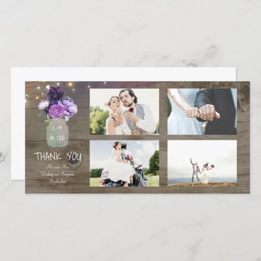 パープルフラワーズメイスン素朴ジャー結婚の感謝 サンキューカード (正面/裏面)