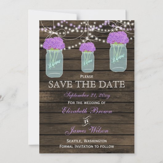 パープルフラワーズメイソンジャースバーンウッド結婚ズ マグネット招待状 (正面)