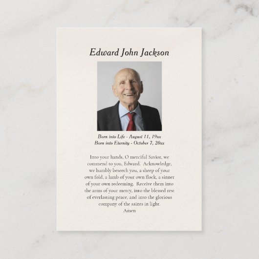 パープルフラワーズヴァージンメアリー葬儀祈りの言葉カード プレイスカード (裏面)