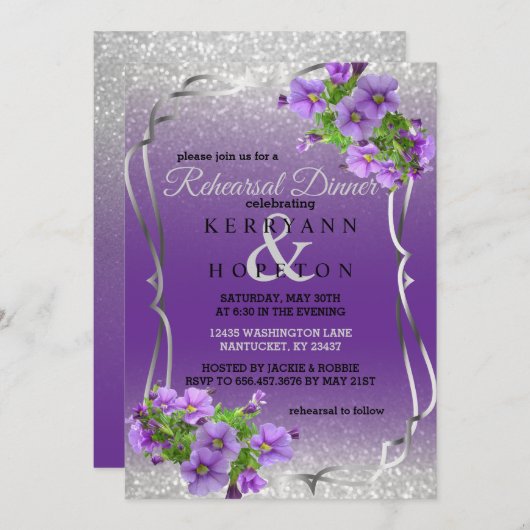 パープルフラワーズ&シルバーグリッター – リハーサルディナー 招待状 (正面/裏面)