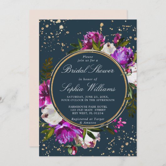 パープルフラワーズ&ネイビーブルーブライダルシャワー 招待状 (正面/裏面)