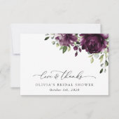パープルフラワーズ、プラムフラワーズ、ボヘミア、ブライダルシャワー サンキューカード (正面)