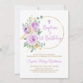 パープルフラワーズ 洗礼 & ファーストバースデー 招待状 (正面)
