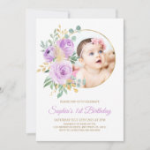 パープルフラワーズ&金ゴールドベビー初誕生日 招待状 (正面)